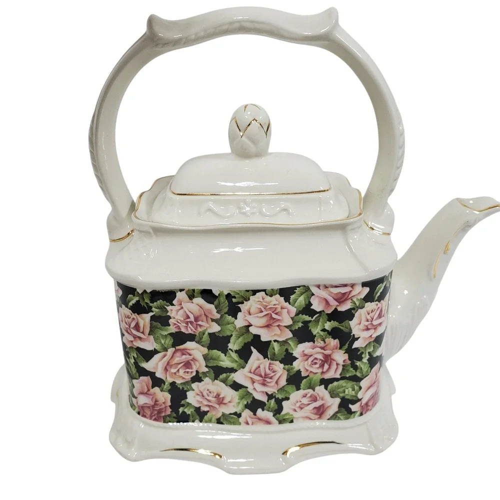 Crown Dorset Teapot Staffordshire England Pink Rose Black‎ Floral Gold Gilt Trim